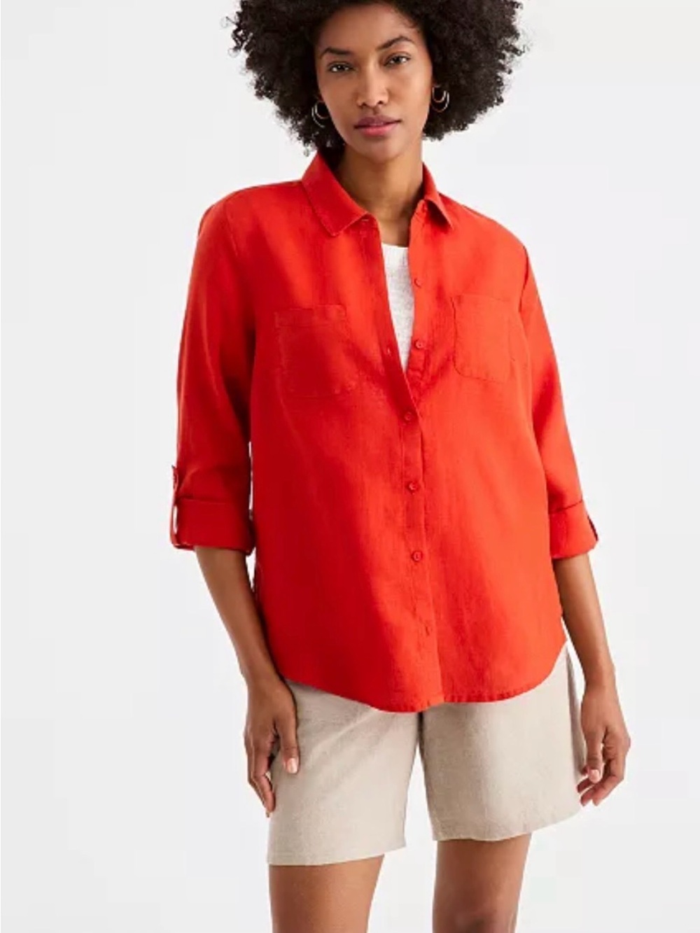 ♥️ NEW  Ashley Stewart Red Button-Up Linen Shirt V neck